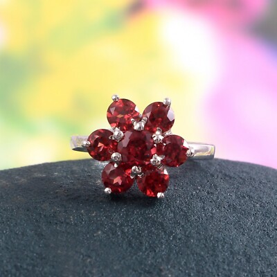 Natural Garnet Ring Flower Cluster Art Deco Statement Boho 925 Sterling Silver