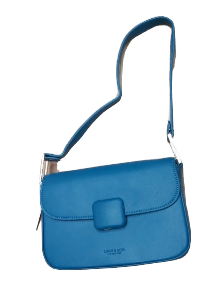 Ladies Royal Blue Faux Leather Square Button Detachable Crossbody Strap Handbag