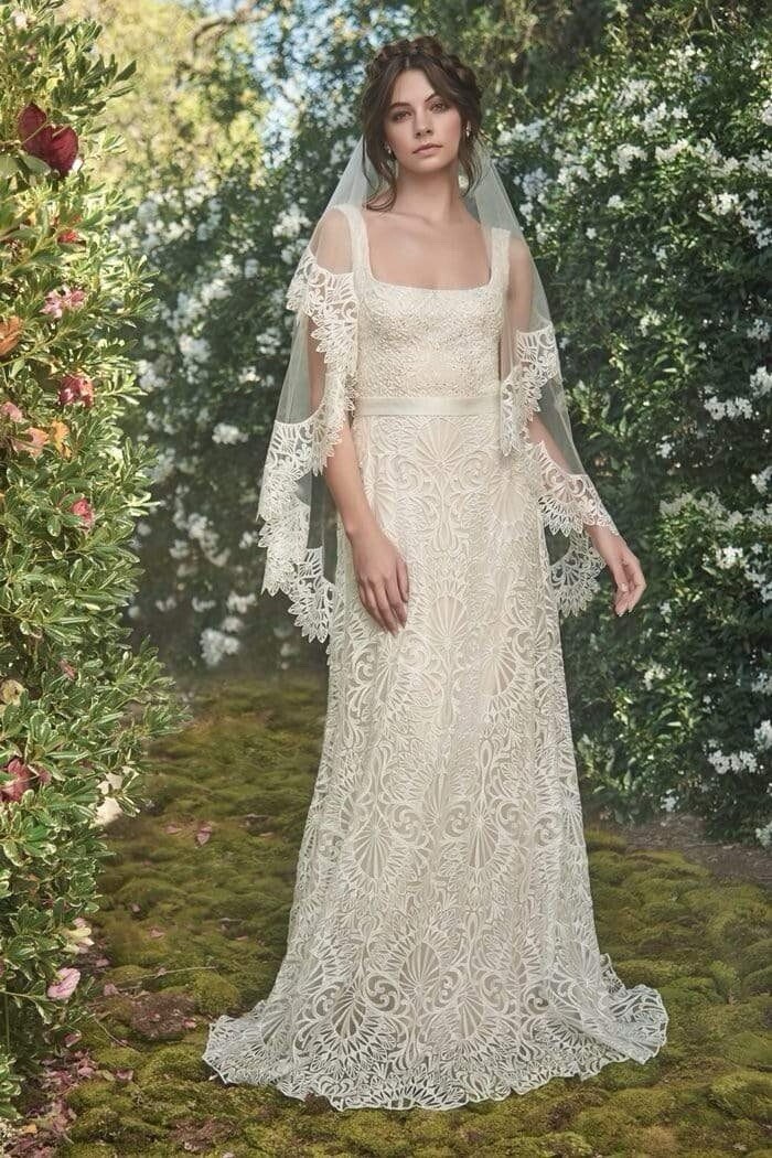 NEW Tadashi Shoji Bridal Women Embroidered Square Neck A-line Maxi Dress  Gown 14