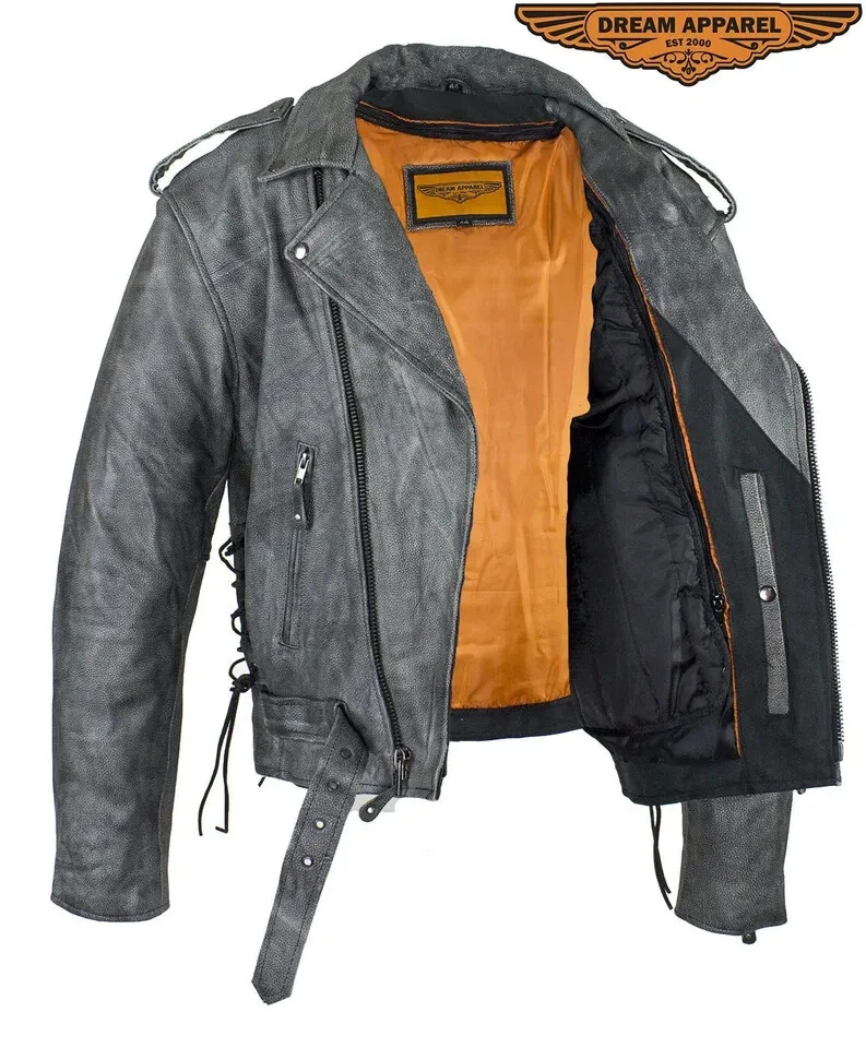 Chaqueta de cuero gris envejecido para hombre motociclista corredor bolsillos ocultos Foto 3 de 4