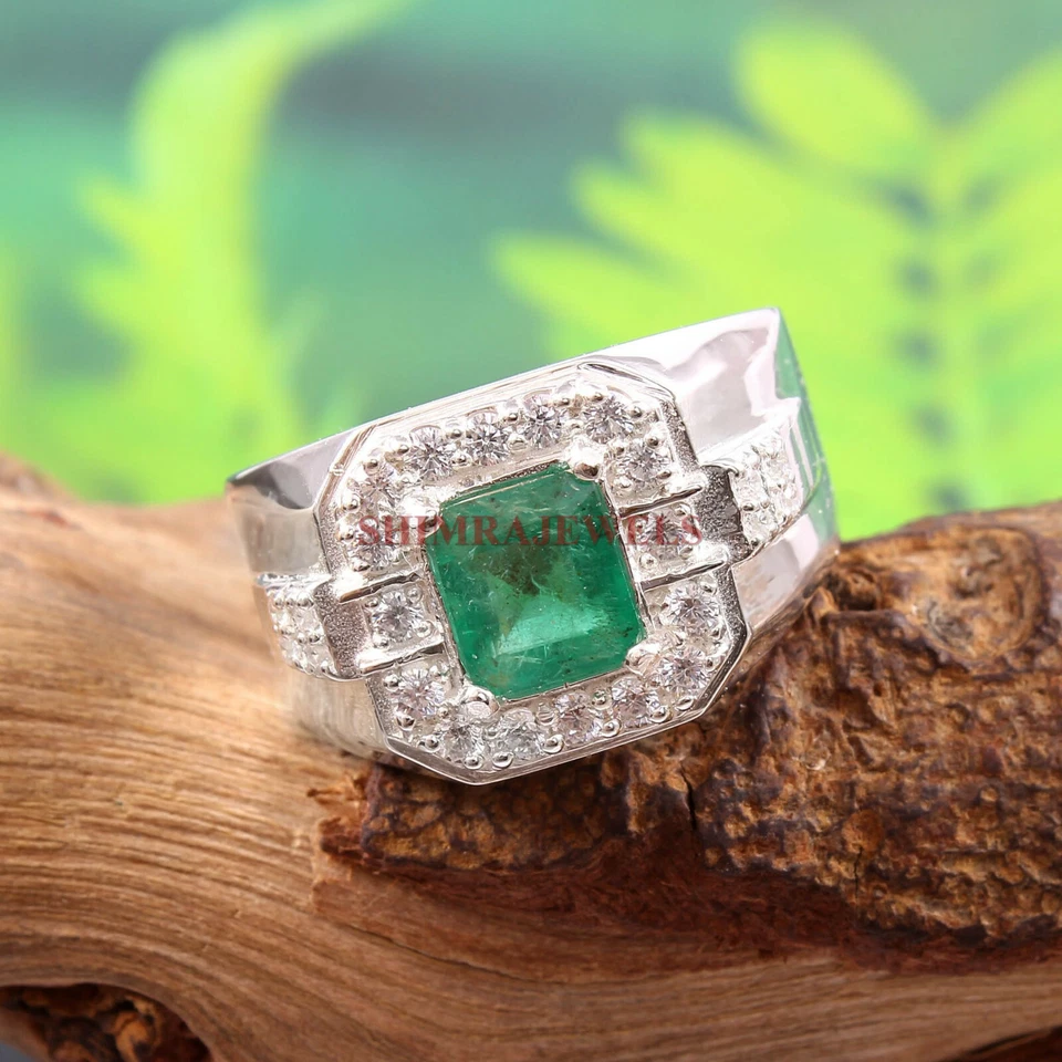 Labor Erstellt Smaragd Edelstein Mit 925 Sterlingsilber Ring für Herren #238 - Bild 3 von 3