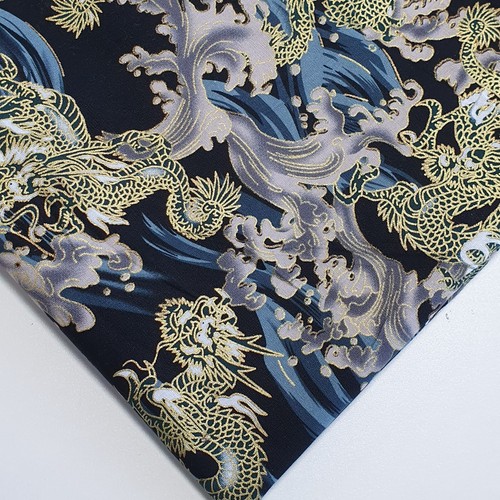 100% Cotton Metallic Gold Foil Japanese Dragon Peacock Quilting Fabric 58" - Picture 4 of 14