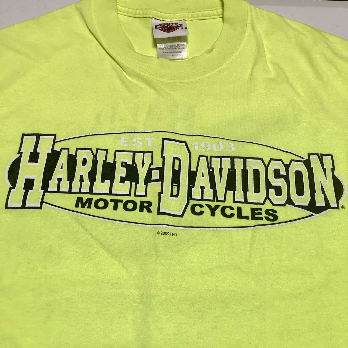 Harley Davidson Motorcycles Neon Green Yellow Tshirt 2009 Men’s L Bald Eagle MI