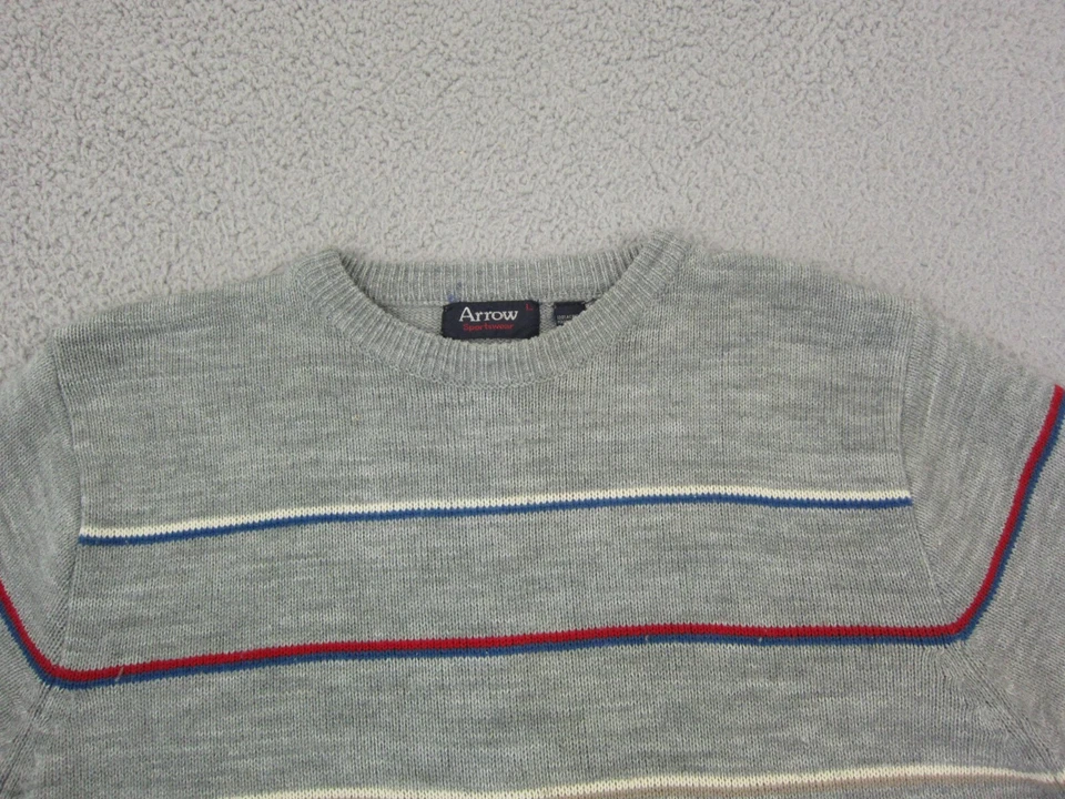 Vintage Arrow Sweater Mens Large L Gray Striped Acrylic 80s 70s Preppy Colorful - Image 2 of 4