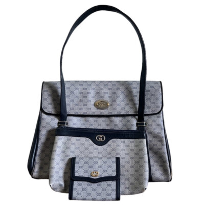 Authentic Gucci 3pc Set Vintage Navy Blue Micro GG Handbag Purse