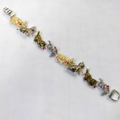 Silver Plated Colorful Kitty Cat Charm Bracelet Magnetic Clasp New