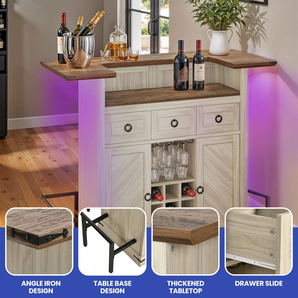 Home Mini Bar Table Stemware Rack Lights & Footrest 3 Drawer Wine Storage Shelf - Image 4 of 4