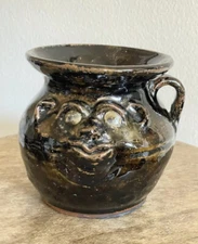 Marie Rogers Black Brown Pottery Face Spitoon Jug Signed Stamped 5"H x 5"W