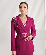Pearls Beaded Lapel Neck Blazer With Belt