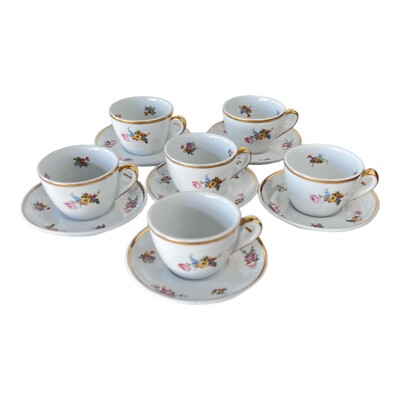 Porcelain de Baudour Floral Flat Cut and Saucer Gold Trim Cerabel Belgium 6 Sets