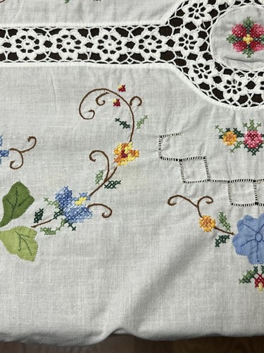 Vtg Tablecloth Floral Hand Embroidered Crochet Cross Stitch Oval 96.5” x 62.5” - Picture 7 of 21