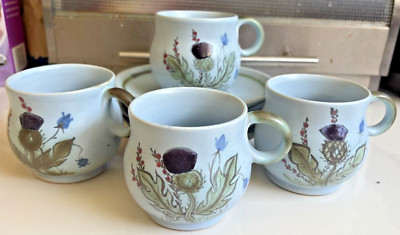 Set Of Four (4)Buchan PortobelloThistleware Stoneware CUPS and SAUCERS Scotland
