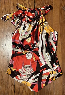 MEXX 100% Silk halter Blouse Tank Top Tropical VIVID BOLD Bow fitted red 6