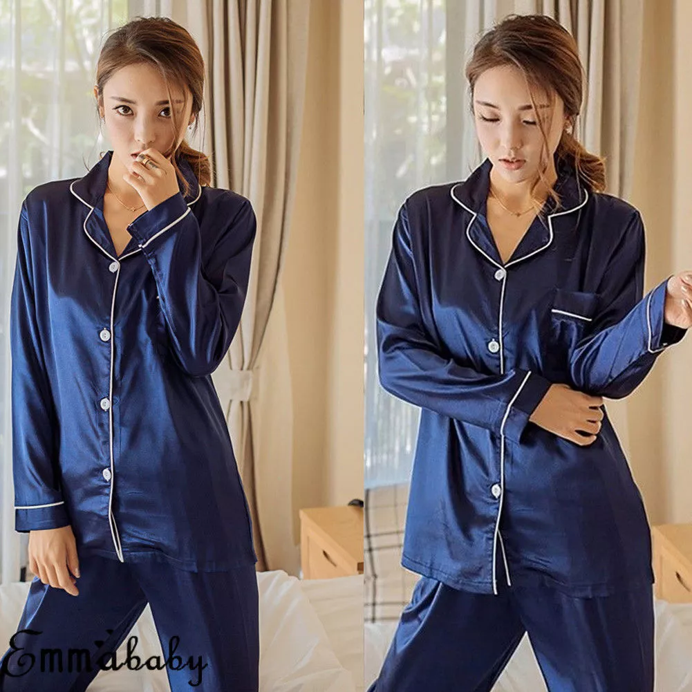 Women Ladies Plain Silky Satin Pyjamas Silk PJ S Sleepwear Long