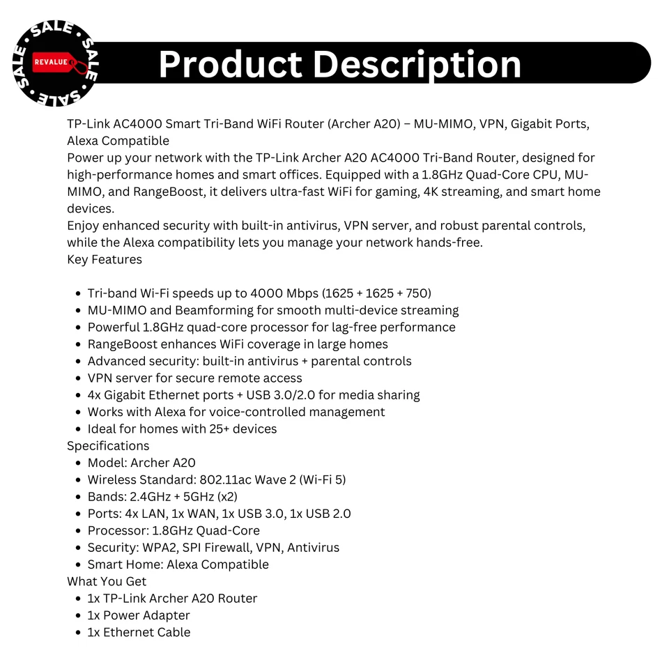 TP-Link Archer A20 AC4000 Smart Router – Tri-Band MU-MIMO, Gigabit, Alexa-Ready - Image 2 of 4