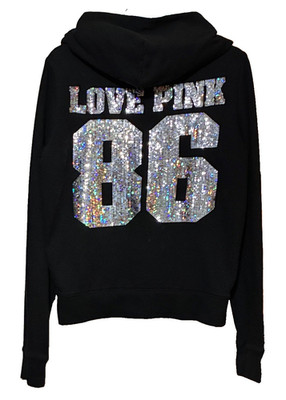 Victoria's Secret PINK Black w/ Iridescent Sequin  Love Pink 86  Zip Up Hoodie