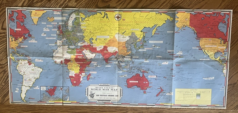 1942 DATED EVENTS WORLD WAR MAP -FOR "YOUR INDEPENDENT HARDWARE STORE"