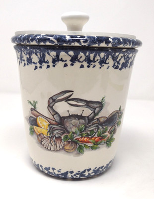 Vintage Butter Keeper Salsa Dip Crock Seafood Design Sponge Ware Nice!