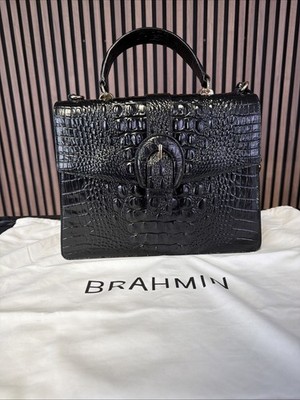 Brahmin Gabriella Black Croc Embossed Leather Buckle Melbourne Satchel Bag