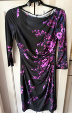Chaps Black Purple Floral Sheath Dress 3/4 Sleeve Boat Neck Knee Length S/P