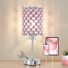 Crystal Table Lamp, Pink Touch Lamp with USB C A Ports, Dimmable Lamp with Cr...