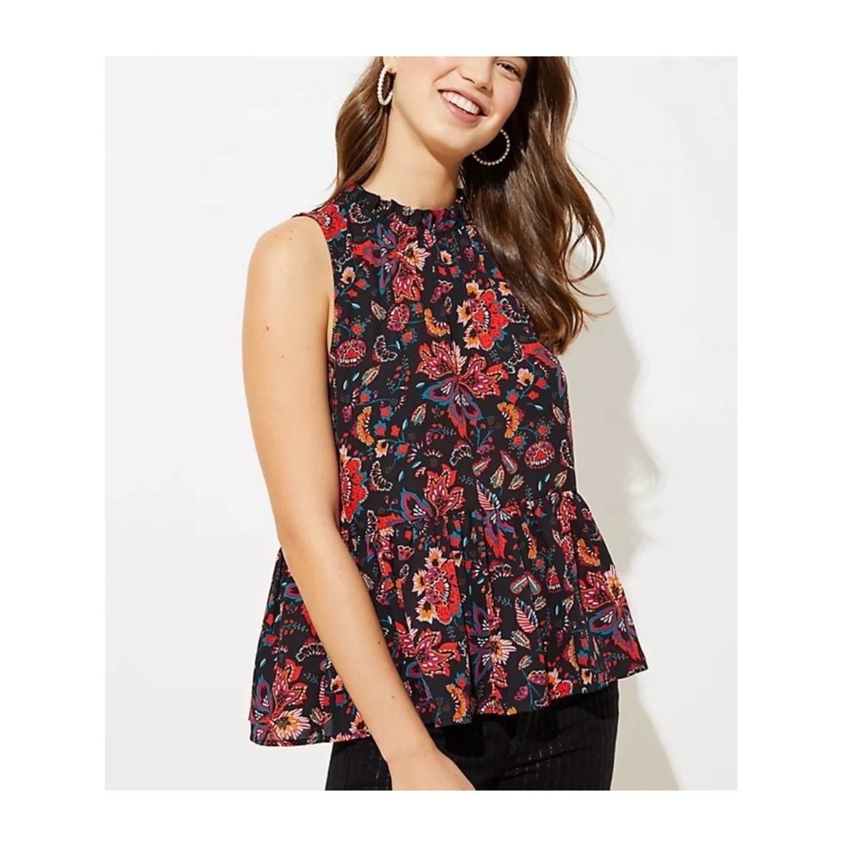 LOFT Bloom Peplum Shell Floral Sleeveless Ruffle Mock Neck Blouse Approx. Size M