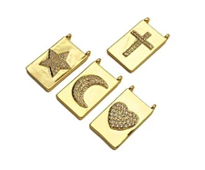 CZ Micro Pave Cresent Heart Star Cross On Rectangle Charms, Dainty Gold Charms