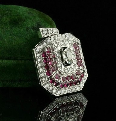 Art Deco Style Lab-Created Diamond & Ruby Anniversary 14k White Gold FN Pendant