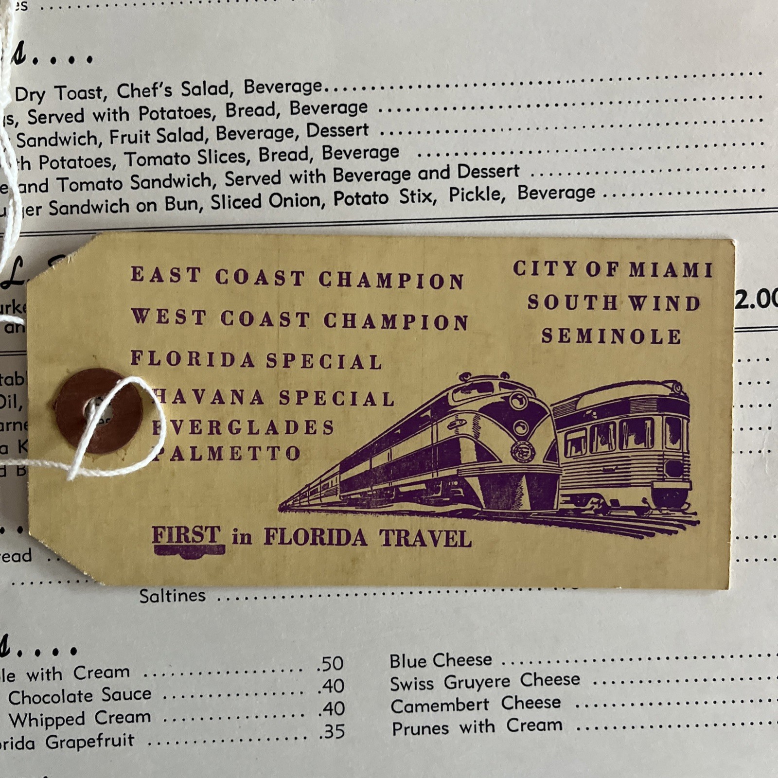 1965 Atlantic Coast Line RR Menu & Baggage Ticket ACL Lunch Train Dining Car