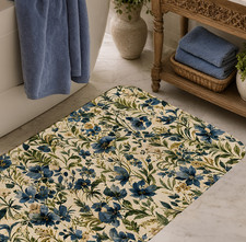 Blue Floral Bath Mat 5 Vintage Botanical Bathroom Rug, Non-Slip Floor Mat