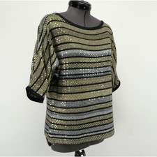 Vtg St John Sport Metallic Sequin Striped Knit Top M Gold Silver Black USA Made
