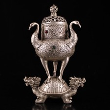 Collectible Chinese silver copper inlay color gems turtule crane Incense burner