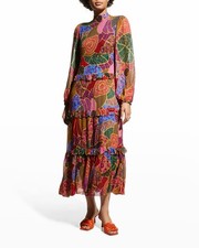 Farm Rio Hidden Animals Multicolor Long Sleeve Tiered Maxi Dress sz XS NEW
