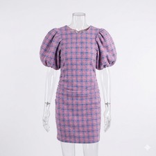 Ganni Wild Orchid Pink Blue Plaid Puff Sleeve Checked Women's Mini Dress Size 36