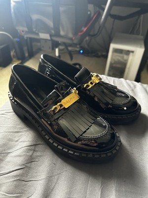 Balmain Black Patent Leather Loafer Flats Gold Chain Fringe Women's Shoes