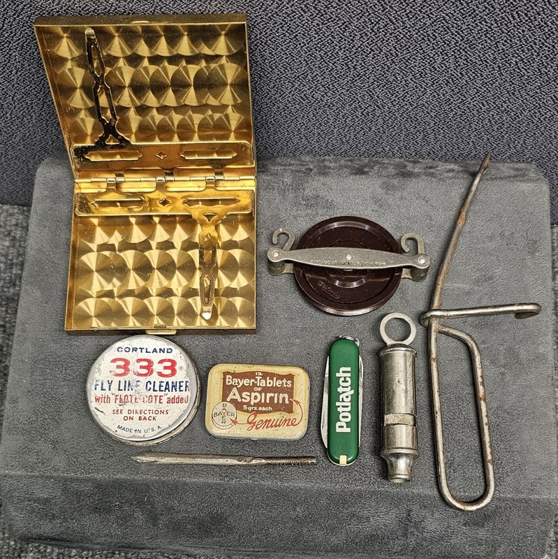 Vintage Lot Bayer Asperin Tin, Cortland 333 Fly Line Float Coat, Needle, Whistle