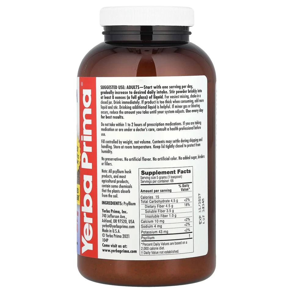 Polvo de cáscaras de psyllium Yerba Prima 12 oz 340 g sin gluten Foto 2 de 2