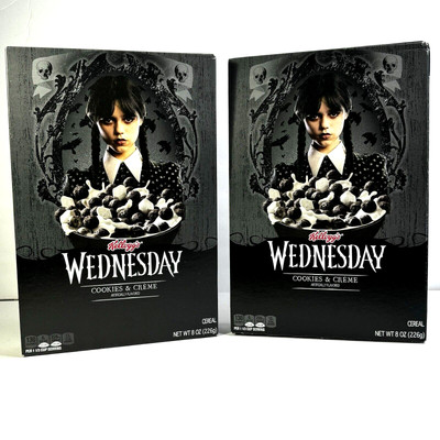 NEW! Kellogg's Wednesday Addams Limited Edition Cookies & Creme Cereal 2 - 8 oz