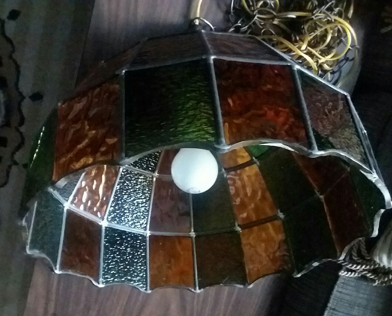 LARGE VINTAGE Leaded Stained Glass Hanging BAR Light Fixture ORANGE