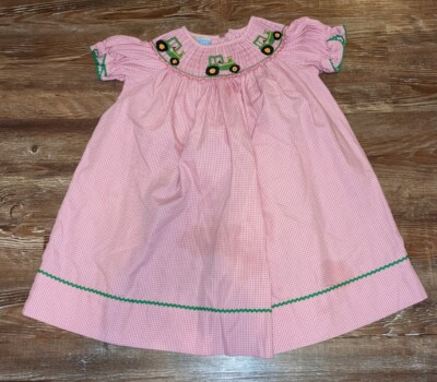 Velani Classics girls pink white gingham embroidered tractor smocked dress  2 | eBay