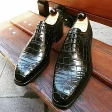 Handmade Leather Shoes Men Black Alligator Pattern Crocodile Pattern Formal Shoe