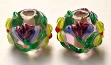 10pcs handmade Lampwork glass round Beads purple flower on pink 14mm