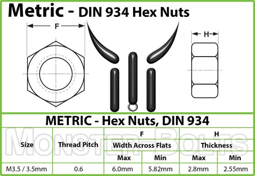 Tuercas hexagonales métricas M3.5 - 0.60, acero inoxidable A2 / 18-8 DIN 934, rosca gruesa - Imagen 2 de 4