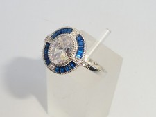 Ladies Art Deco Halo Design 925 Sterling Solid Silver Blue & White Sapphire Ring