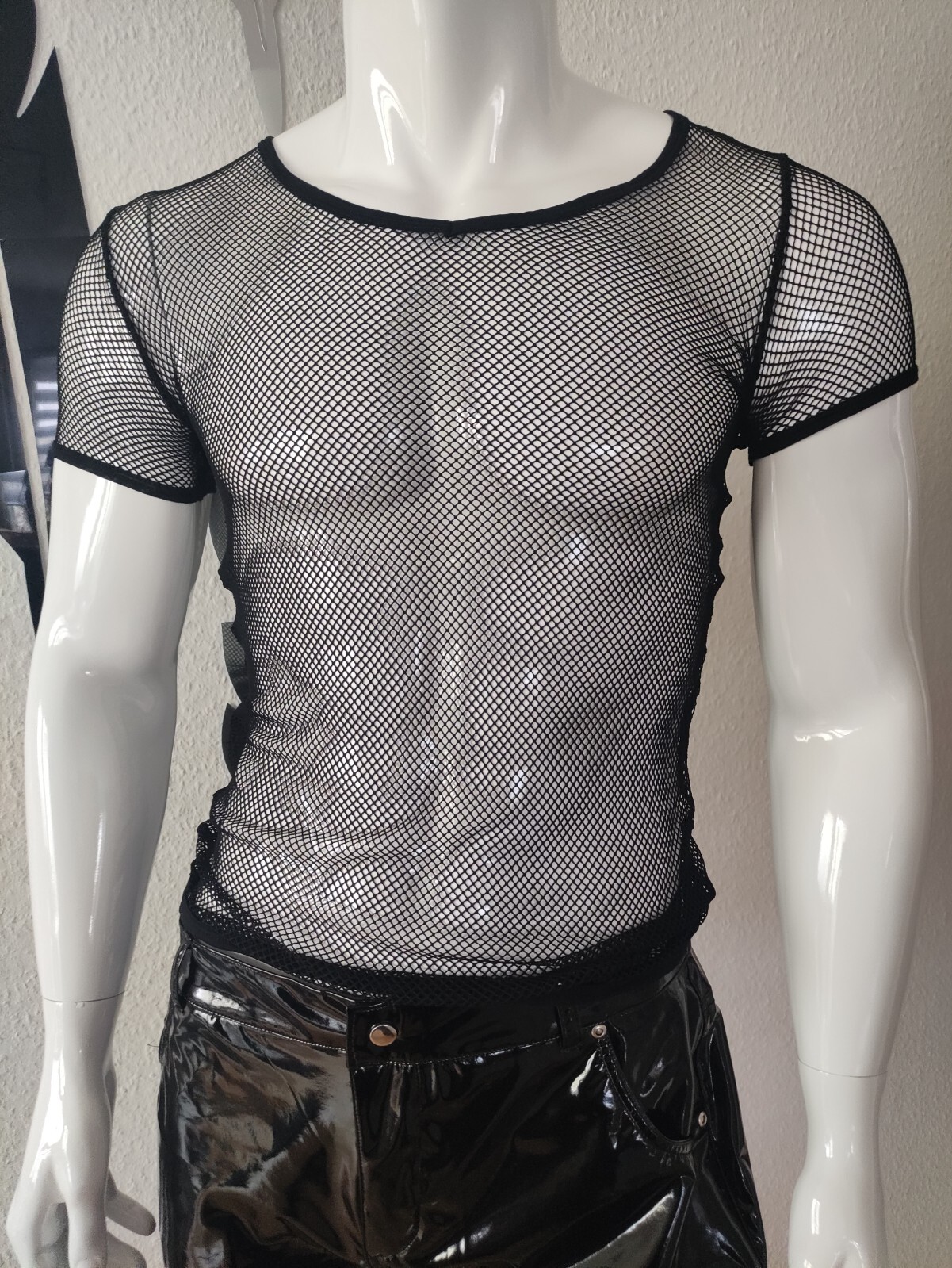 ALTRA NUOVO! Camicia a rete maniche corte uomo shirt top super soft stretch sexy collo a V black taglia 1