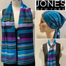 JONES NEW YORK 100 Silk Green,Blue,Purple Combo Striped Long Scarf 27cm x144cm