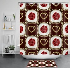 Valentines Gold Geometric Red Rose Floral Shower Curtain Set for Bathroom Decor