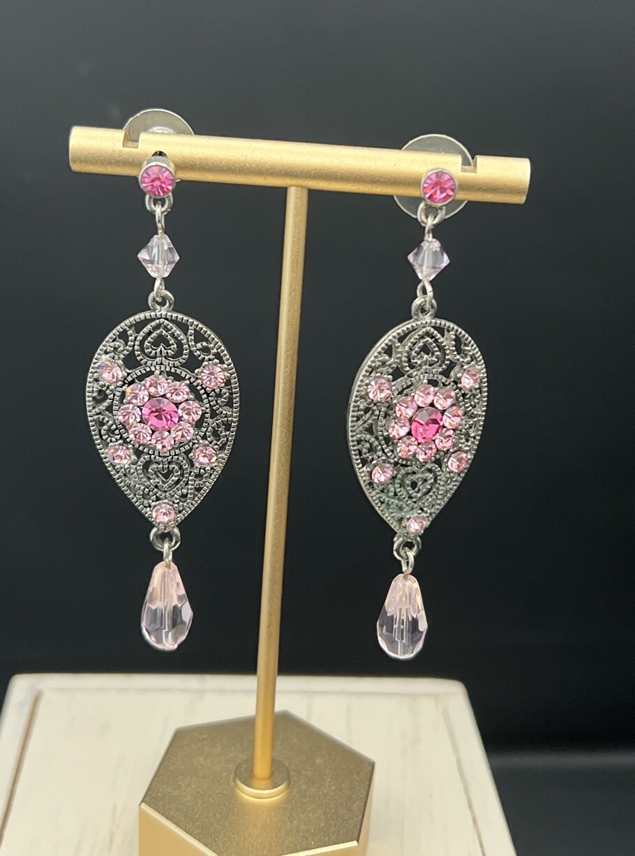 Dangling Filigree Earrings with Pink Rhinestones New Backs Photos-image
