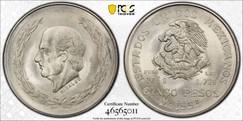 MEXICO ESTADOS UNIDOS 1953 5 PESOS COIN CERTIFIED CHOICE UNCIRCULATED PCGS MS65