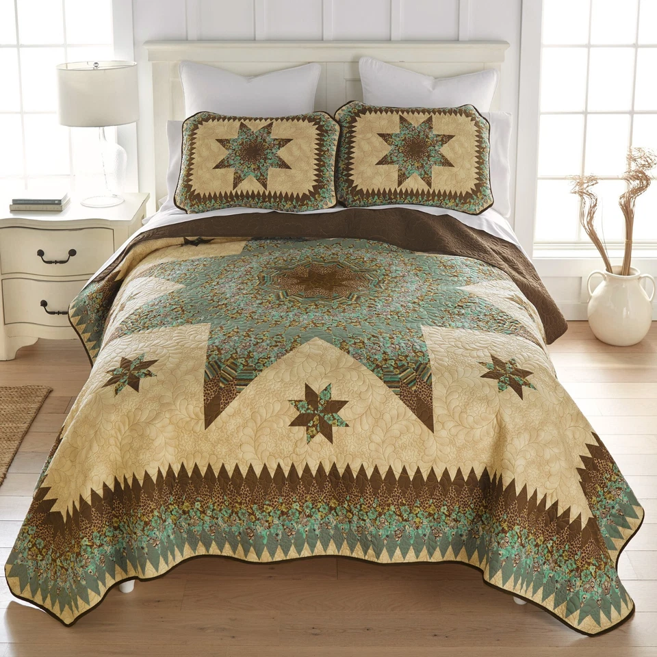 Donna Sharp Sea Breeze Star Quilt **KING** 3-PC Set Floral Country Cottage Teal - Image 2 of 4
